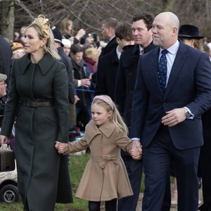 Zara Tindall et Mike Tindall avec leur fille Lena Tindall - Les membres de la famille royale britannique lors de la messe du matin de Noël en l'église St-Mary Magdalene à Sandringham, le 25 décembre 2023.