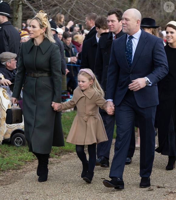 Zara Tindall et Mike Tindall avec leur fille Lena Tindall - Les membres de la famille royale britannique lors de la messe du matin de Noël en l'église St-Mary Magdalene à Sandringham, le 25 décembre 2023.