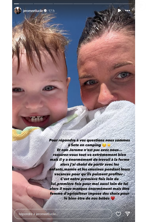 "Tout va extrêmement bien mais il y a énormément de travail à la ferme alors j'ai choisi de partir avec les enfants, mamie et les cousines pendant leurs vacances pour qu'ils puissent profiter".

Lucile (L'amour est dans le pré) en vacances avec ses enfants mais sans son mari Jérôme. Instagram