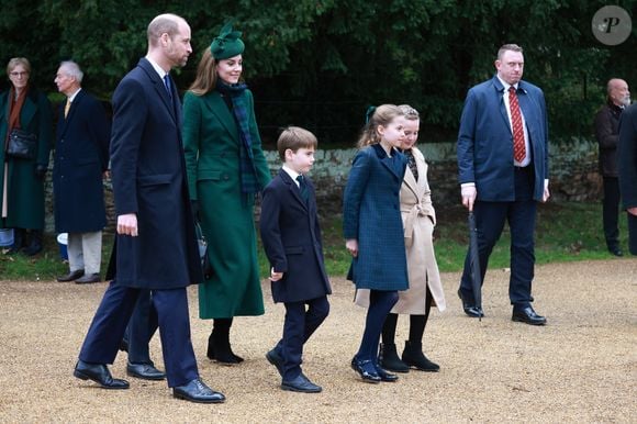 Catherine (Kate) Middleton, princesse de Galles, Prince Louis, Princesse Charlotte, Le prince William, prince de Galles - La famille royale britannique se rend à la messe de Noël à Sandringham le 25 décembre 2024.