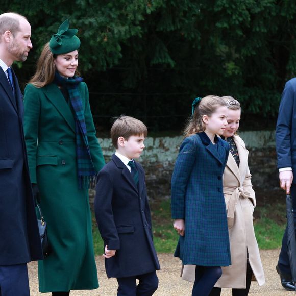 Catherine (Kate) Middleton, princesse de Galles, Prince Louis, Princesse Charlotte, Le prince William, prince de Galles - La famille royale britannique se rend à la messe de Noël à Sandringham le 25 décembre 2024.