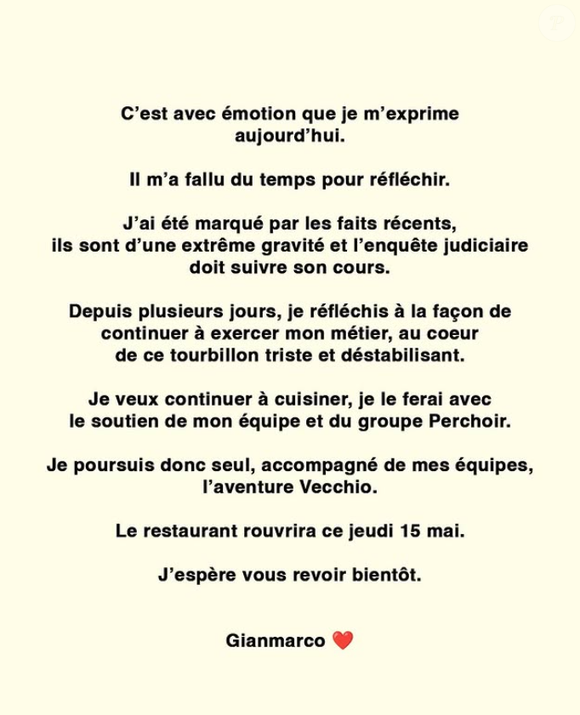 Il se désolidarise de son camarade Hubert Niveleau, accusé.

Gianmarco Gorni (Top Chef), associé de Hubert Niveleau dans la restauration