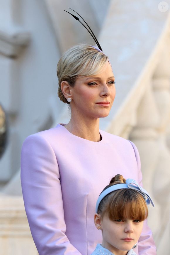 La princesse Charlene de Monaco, la princesse Gabriella dans la cour du palais princier le jour de la fête nationale de Monaco le 19 novembre 2024.© Jean-Charles Vinaj / Pool Monaco / Bestimage