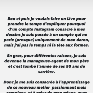 Elle explique s’être consacrée à l’apprentissage de ce métier "passionnant mais complexe".

Lolita Séchan a publié des stories sur son compte Instagram à propos de son rôle dans la carrière de son père Renaud.