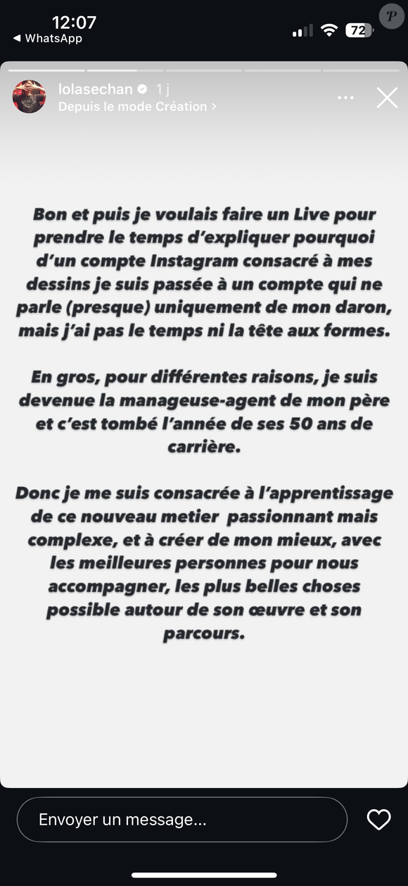 Elle explique s’être consacrée à l’apprentissage de ce métier "passionnant mais complexe".

Lolita Séchan a publié des stories sur son compte Instagram à propos de son rôle dans la carrière de son père Renaud.