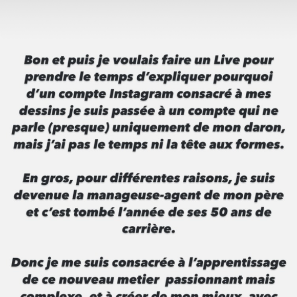 Elle explique s’être consacrée à l’apprentissage de ce métier "passionnant mais complexe".

Lolita Séchan a publié des stories sur son compte Instagram à propos de son rôle dans la carrière de son père Renaud.