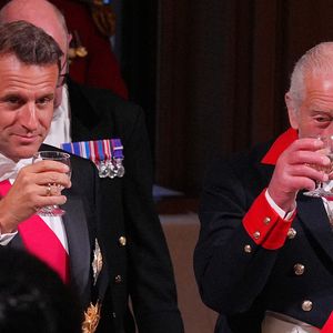 Le président Emmanuel Macron et sa femme Brigitte Macron lors d'un dîner d'état au chateau de Windsor avec le roi Charles III d'Angleterre et la reine consort Camilla le 8 juillet 2025. © Yui Mok / Pool / Julien Burton via Bestimage