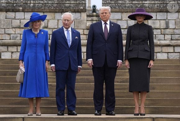 La reine Camilla, le roi Charles III, le président américain Donald Trump et la première dame Melania Trump arrivent pour la cérémonie militaire Beating Retreat au château de Windsor, dans le Berkshire, au premier jour de la deuxième visite d'État du président au Royaume-Uni. Mercredi 17 septembre 2025. Photo by Andrew Matthews/PA Wire/ABACAPRESS.COM