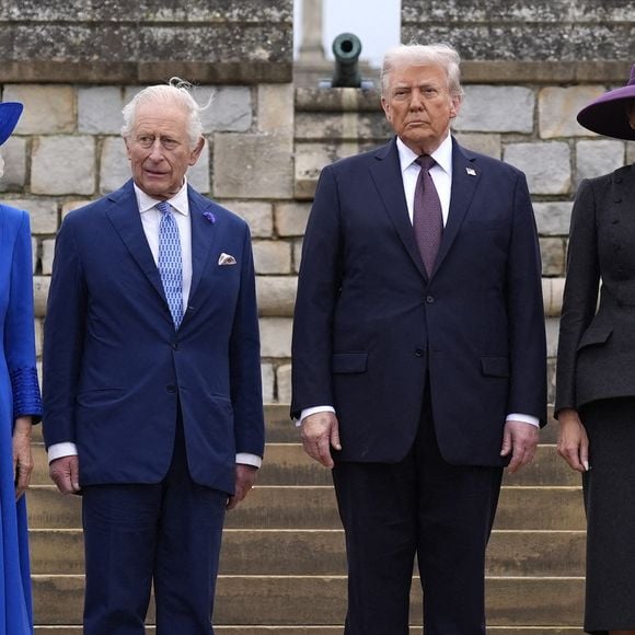 La reine Camilla, le roi Charles III, le président américain Donald Trump et la première dame Melania Trump arrivent pour la cérémonie militaire Beating Retreat au château de Windsor, dans le Berkshire, au premier jour de la deuxième visite d'État du président au Royaume-Uni. Mercredi 17 septembre 2025. Photo by Andrew Matthews/PA Wire/ABACAPRESS.COM