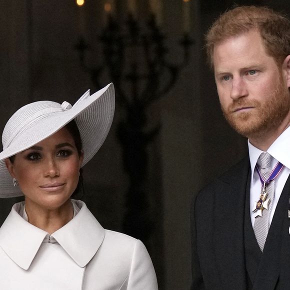 Photo d'archives du 03/06/22 du duc et de la duchesse de Sussex quittant le service national d'action de grâce à la cathédrale St Paul, Londres. Matt Dunham/PA Wire