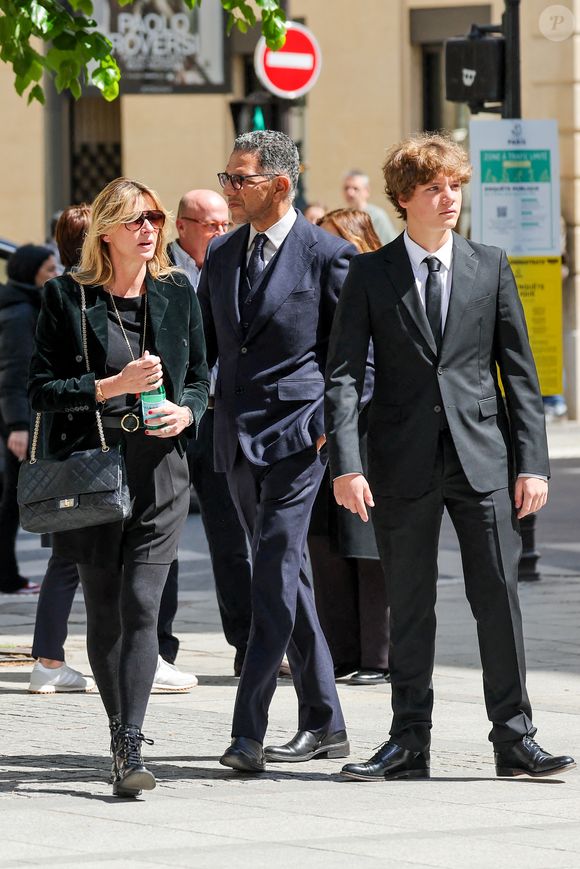 Sarah Poniatowski (Lavoine), son compagnon Roschdy Zem, Roman Lavoine -  Arrivées aux obsèques du prince Jean-Stanislas Poniatowski en l'Eglise polonaise à Paris, France, le 29 avril 2024. © Jacovides-Moreau/Bestimage