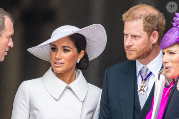 Le prince Harry, duc de Sussex, et Meghan Markle, duchesse de Sussex, assistent au service d'action de grâce pour la reine, marquant le jubilé de platine de 70 ans de la monarque, à la cathédrale Saint-Paul de Londres. Le 3 juin 2022. © Mischa Schoemaker/ABACA