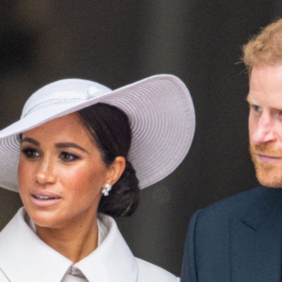 Le prince Harry, duc de Sussex, et Meghan Markle, duchesse de Sussex, assistent au service d'action de grâce pour la reine, marquant le jubilé de platine de 70 ans de la monarque, à la cathédrale Saint-Paul de Londres. Le 3 juin 2022. © Mischa Schoemaker/ABACA