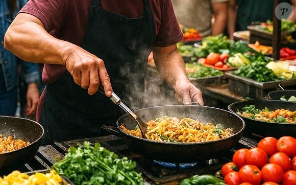 Les nouilles sautées préparées sur le marché dans un wok fumant. - Zulsp010795 / 123RF