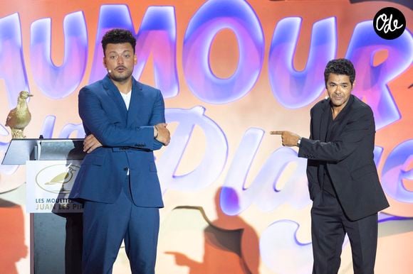 Exclusif - Kev Adams, Jamel Debbouze durant l'enregistrement de la seconde soirée de "L'humour à la plage" pour la 3eme édition du festival de Juan les Pins à la pinède Gould le 27 juin 2026.  © Jack Tribeca/Bestimage