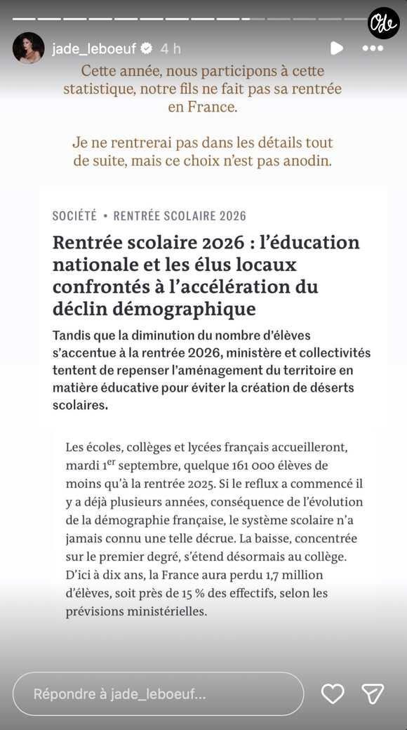 Capture d'écran de la story Instagram du jeudi 3 septembre de Jade Leboeuf