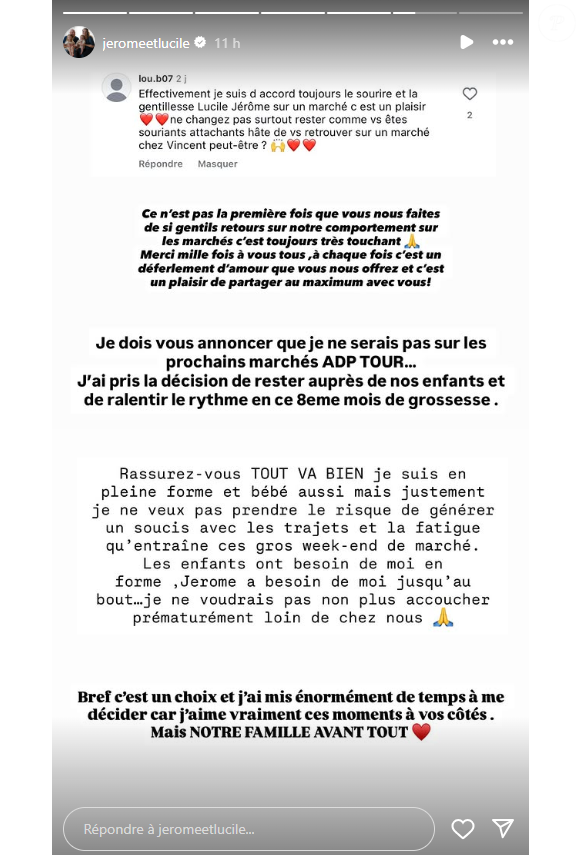 La future maman va lever le pied en ce huitième mois de grossesse.

Lucile (L'amour est dans le pré) annonce se mettre en retrait sur les prochains marchés en raison de sa grossesse et son accouchement à venir.