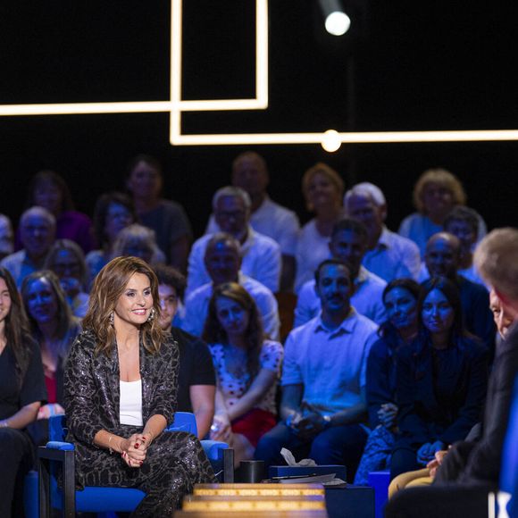 Exclusif - Faustine Bollaert lors de l'enregistrement de l'émission "La Boîte à secrets", présentée par F.Bollaert et diffusée le 26 septembre 2025 sur France 3, dans les studios du Lendit à Saint-Denis, Seine Saint-Denis, France, le 8 septembre 2025. © Pierre Perusseau/Bestimage