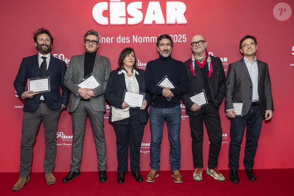 Nicolas Bolduc, Jérôme Rebotier, Célia Lafitedupont, Olivier Cauwet, Thierry Delettre, Stéphane Taillasson - Photocall du dîner des nommés 2025 pour la cérémonie des Cesar au Fouquet's à Paris le 10 février 2025 © Olivier Borde /Bestimage