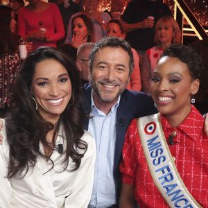 Exclusif - Cindy Fabre, directrice du concours national Miss France, Bernard Montiel, Angélique Angarni-Filopon, miss France 2025 sur le plateau de l'émission "Touche pas à mon poste" (TPMP) diffusée en direct sur C8 le 17 décembre 2024.

© Jack Tribeca / Bestimage