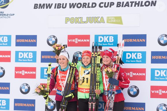 Braisaz Justine (France), Dahlmeier Laura (Allemagne) et Olsbu Marte (Norvège) remportent le 7,5 km sprint lors la Coupe du monde de biathlon à Pokljuka en Slovénie, le 9 décembre 2016. PacificPressAgency / Bestimage