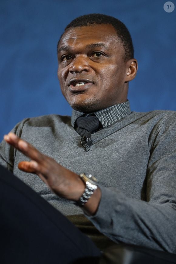 L'ancien footballeur français Marcel Desailly nommé Ambassadeur de la Fan Fest de la FIFA 2018 fait un geste lors d'une conférence de presse. Moscou, Russie, le 29 novembre 2017. Photo by Sergei Savostyanov/TASS/ABACAPRESS.COM