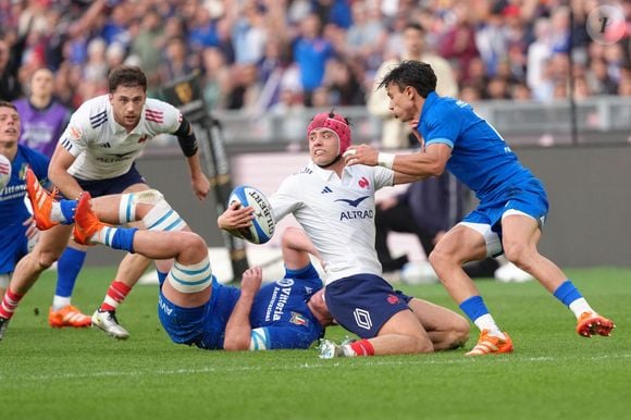 RUGBY : Italie vs France (24_73) - Tournoi des Six 6 VI Nations à Rome - Louis Bielle-Biarrey of France and Ange Capuozzo of Italy during the Six Nations rugby match between Italy and France at Olimpico stadium in Rome (Italy), February 23, 2025.