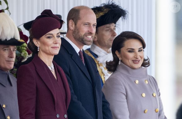 Le prince William, prince de Galles, Catherine (Kate) Middleton, princesse de Galles et son Altesse Sheikha Jawaher Bint Hamad Bin Suhaim Al Thani lors de la cérémonie de bienvenue pour la visite d'État de l'émir du Qatar Tamim ben Hamad Al-Thani à Londres, Royaume Uni, le 3 décembre 2024. © GoffPhotos/Bestimage