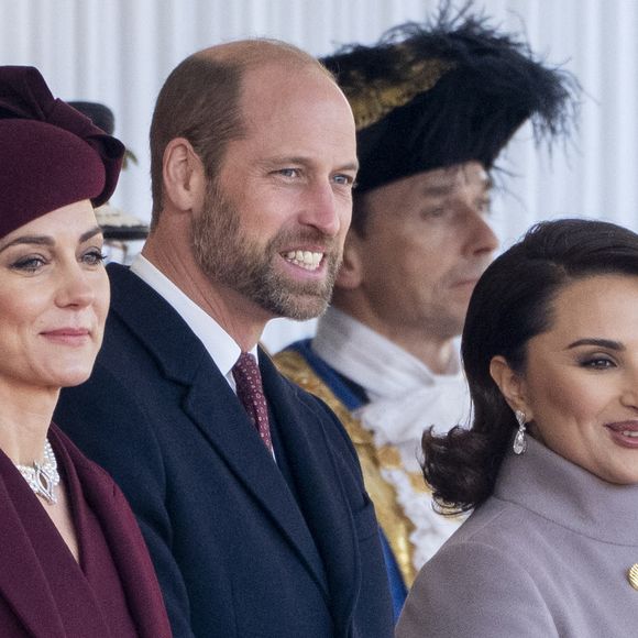 Le prince William, prince de Galles, Catherine (Kate) Middleton, princesse de Galles et son Altesse Sheikha Jawaher Bint Hamad Bin Suhaim Al Thani lors de la cérémonie de bienvenue pour la visite d'État de l'émir du Qatar Tamim ben Hamad Al-Thani à Londres, Royaume Uni, le 3 décembre 2024. © GoffPhotos/Bestimage