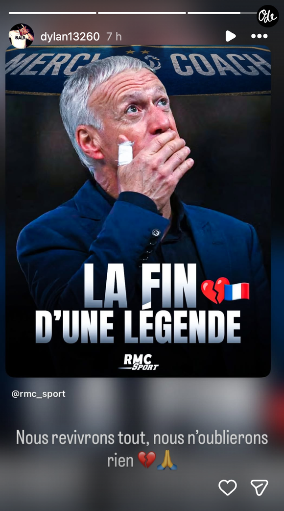 Dylan Deschamps rend hommage à son père Didier Deschamps après la défaite de la France en demi-finale de la Coupe du monde de football contre l'Espagne le mardi 14 juillet 2026.
Crédit : Instagram/dylan13260