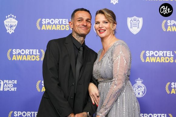 France Pierron (robe Christophe Guillarmé)  et son compagnon au photocall des Sportel Awards 2025 au Grimaldi Forum à Monaco, le 20 octobre 2025. 
© Claudia Albuquerque / Bestimage