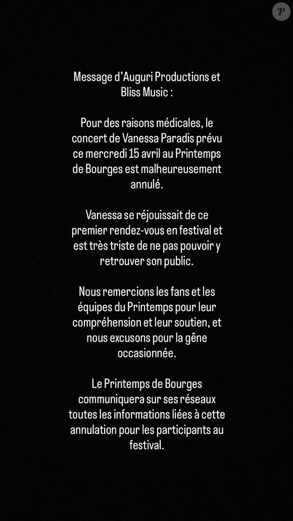 Vanessa Paradis a été contrainte d'annuler son concert prévu ce mercredi 15 avril 2026. Capture d'écran Instagram