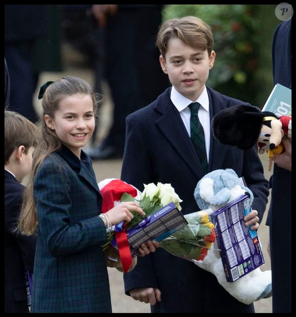 Le prince Louis, la princesse Charlotte et le prince George après le service religieux du jour de Noël à l'église St Mary Magdalene à Sandringham, Norfolk, Angleterre, Royaume-Uni, le mercredi 25 décembre 2024. Photo by Stephen Lock/i-Images/ABACAPRESS.COM