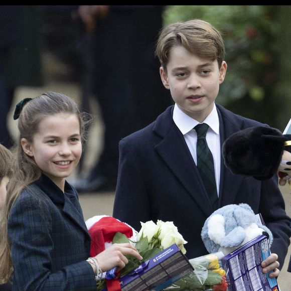 Le prince Louis, la princesse Charlotte et le prince George après le service religieux du jour de Noël à l'église St Mary Magdalene à Sandringham, Norfolk, Angleterre, Royaume-Uni, le mercredi 25 décembre 2024. Photo by Stephen Lock/i-Images/ABACAPRESS.COM