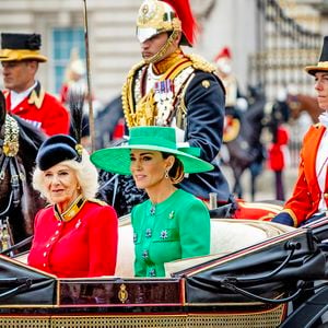 La reine consort Camilla Parker Bowles, Kate Catherine Middleton, princesse de Galles, le prince George de Galles - La famille royale d'Angleterre lors du défilé "Trooping the Colour" à Londres. Le 17 juin 2023