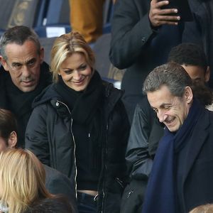 Nicolas Sarkozy, Thierry Ardisson et sa femme Audrey Crespo-Mara au Parc des Princes à Paris, le 20 février 2016.©Bestimage