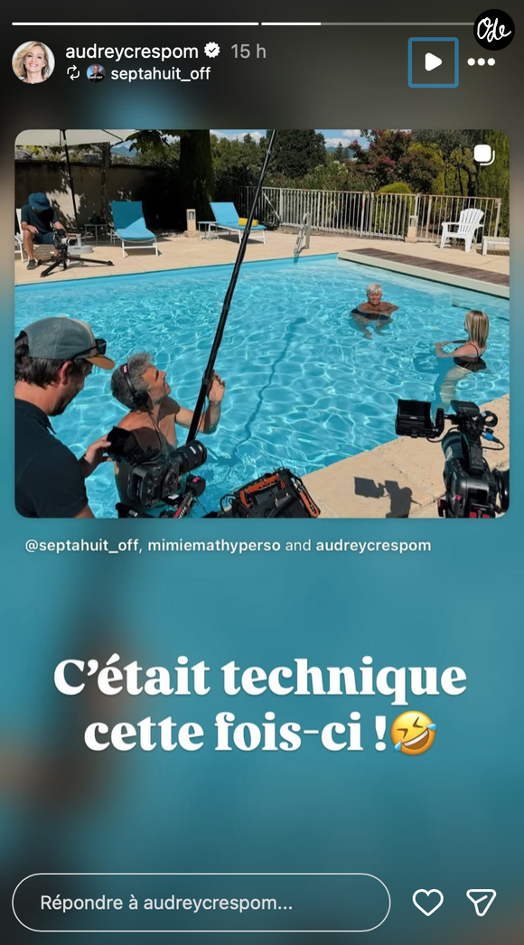 Une partie de l’entretien s’est même déroulée dans sa piscine, nécessitant un dispositif technique inhabituel.

Mimie Mathy en interview pour "Sept à Huit" avec Audrey Crespo-Mara. Capture Instagram Sept à Huit - TF1