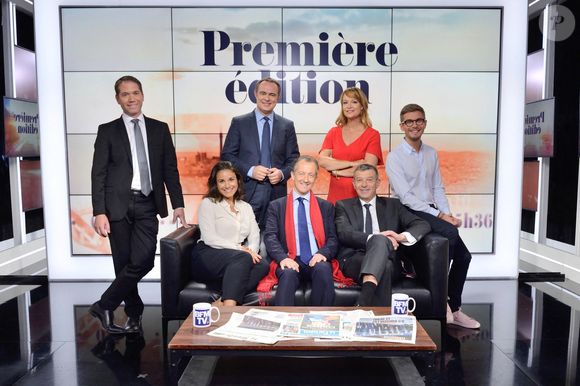 Christophe Person, Christophe Delay, Adeline Francois, Julien Mielcarek, Ashley Chevalier, Christophe Barbier et Nicolas Doze, les presentateurs de la Premiere Edition de BFM TV posent pour une photo de rentree a Paris, France le 25 Aout 2017. Photo by Aurore Marechal/ABACAPRESS.COM