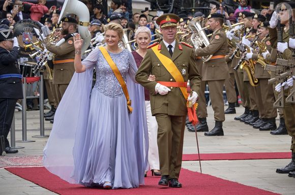La Grande-Duchesse Stéphanie de Luxembourg, le Grand-Duc Guillaume de Luxembourg et le Prince Charles lors de l'abdication du Grand-Duc Henri et de l'accession de son fils le Grand-Duc Guillaume, au Palais Grand-Ducal à Luxembourg, le 3 octobre 2025. Photo by Olivier Polet/ABACAPRESS.COM