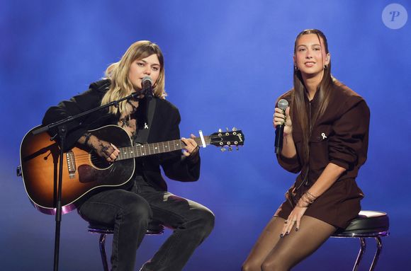 Exclusif - Louane et Styleto lors de l'enregistrement de l'émission "Nos voix pour toutes" au profit de la Fondation des femmes à l’Adidas Arena diffusée sur TMC le 25 novembre 2025, à Paris, France, le 19 novembre 2025. © Guirec-Moreau/Bestimage