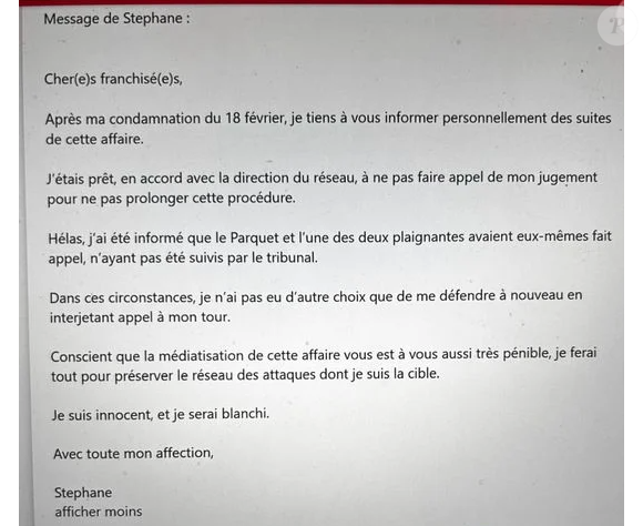 Message de Stéphane Plaza transmis à ses collaborateurs ce jeudi 6 mars 2025.