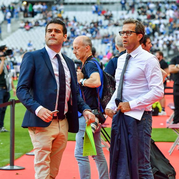 Le 2 juin 2018, le journaliste Matthieu Lartot et Fabien Galthié pendant la finale du Top 14 au Stade de France a Paris, France. Photo by Aude Alcover/Icon Sport/ABACAPRESS.COM