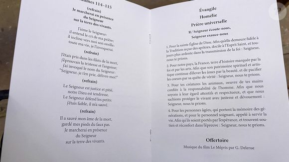 Livrets de funérailles des obsèques de Brigitte Bardot en l'église Paroissiale Notre-Dame-de-l'Assomption de Saint-Tropez, France, le 7 janvier 2026. © Bestimage