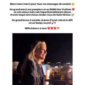 "Merci merci merci pour tous vos messages de soutien. Un grand merci aux pompiers et au SAMU des Yvelines. Je vais mieux mais suis impardonnablement déçue d’avoir loupé notre beau rendez-vous de Saint-Brieuc."

Véronique Sanson s'exprime après sa prise en charge.