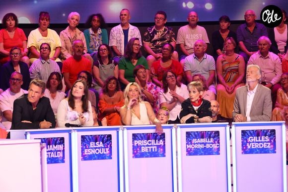 Exclusif - Benjamin Castaldi, Elsa Esnoult, Priscilla Betti, Isabelle Morini-Bosc, Gilles Verdez lors de l'enregistrement de l’émission "On Connait La Chanson Céline Dion", présentée par L.Boccolini et diffusée le 1er septembre sur W9, à Paris, France, le 2 juillet 2026. © Jack Tribeca/Bestimage