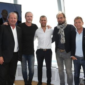 Nicolas Vilas, Rolland Courbis, Emmanuel Petit, Jérôme Rothen, Lionel Charbonnier, Daniel Riolo et Jean Resseguie assistant à la conférence de presse annuelle du CMR, à Paris, France, le 31 août 2017. Photo par Jerome Domine/ABACAPRESS.COM