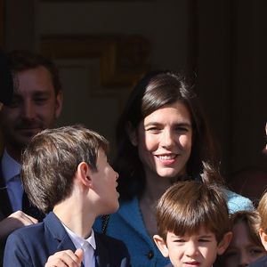 Raphael Elmaleh, Charlotte Casiraghi and Balthazar Casiraghi-Rassam - La famille princière de Monaco au balcon du palais, à l'occasion de la Fête Nationale de Monaco, le 19 novembre 2024. © Jacovides-Bebert/Bestimage