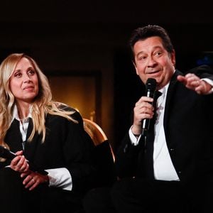 Exclusif - Lara Fabian, Laurent Gerra lors de l'enregistrement de l'émission "Serge Lama, le dernier rappel" présentée par F. Bollaert, diffusée le vendredi 21 novembre 2025 sur France 3 à 21h10, au théâtre Marigny à Paris, France, le 29 avril 2025. © Clovis-Moreau/Bestimage