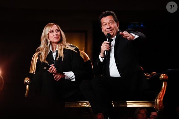 Exclusif - Lara Fabian, Laurent Gerra lors de l'enregistrement de l'émission "Serge Lama, le dernier rappel" présentée par F. Bollaert, diffusée le vendredi 21 novembre 2025 sur France 3 à 21h10, au théâtre Marigny à Paris, France, le 29 avril 2025. © Clovis-Moreau/Bestimage