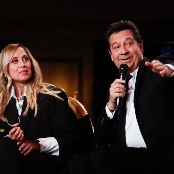 Exclusif - Lara Fabian, Laurent Gerra lors de l'enregistrement de l'émission "Serge Lama, le dernier rappel" présentée par F. Bollaert, diffusée le vendredi 21 novembre 2025 sur France 3 à 21h10, au théâtre Marigny à Paris, France, le 29 avril 2025. © Clovis-Moreau/Bestimage